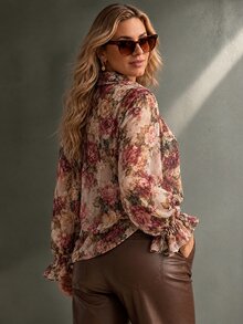 Ceyna Plus Size Autumn/Winter New Rose Peony Floral Pattern Chiffon Fabric Long Sleeve Valentine's Day Party Blouse - Multicolor - View 3