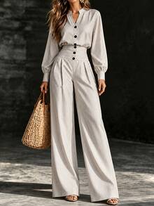 SHEIN Orluneo Jumpsuit nữ kẻ sọc cổ bẻ cài nút tay dài ống rộng - Xám - Xem 5