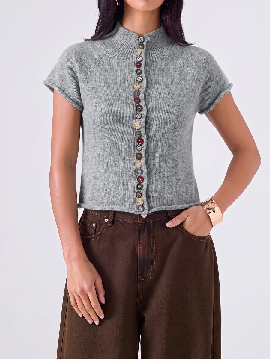 LYSMO Women's Solid Color Single-Breasted Stand Collar Casual Versatile Daily Wear Cardigan - Grey - View 1