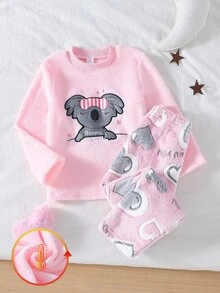 女童考拉刺繡與愛心印花長袖絨毛睡衣套裝，搖粒絨居家休閒服 - 粉色 - 查看 2