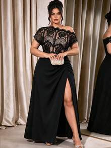 Cravure Plus Size Lace Off Shoulder Slit Maxi Dress, Elegant Ruched Waist Party Gown, Curvy Fit - Black - View 1