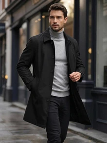 DAZY Vår/Höst Mellanlång svart lös passform enfärgad herrpendlar trenchcoat - Svart - Visa 1
