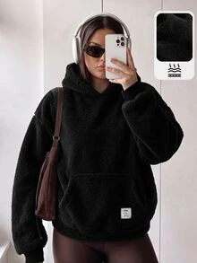 Comfortcana Áo nỉ hoodie lông xù mùa đông size lớn - màu đen - Xem 2