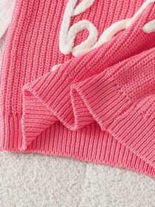 SHEIN 1件女嬰毛衣，粉色與白色，秋季，可愛，家庭套裝，圓領刺繡字母與3D花朵裝飾，柔軟長袖針織套頭衫 - 粉色 - 查看 6