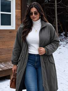 Easura Plus Size Autumn/Winter Long Sleeve Cinched Waist Long Padded Padded Coat - Dark Grey - View 5