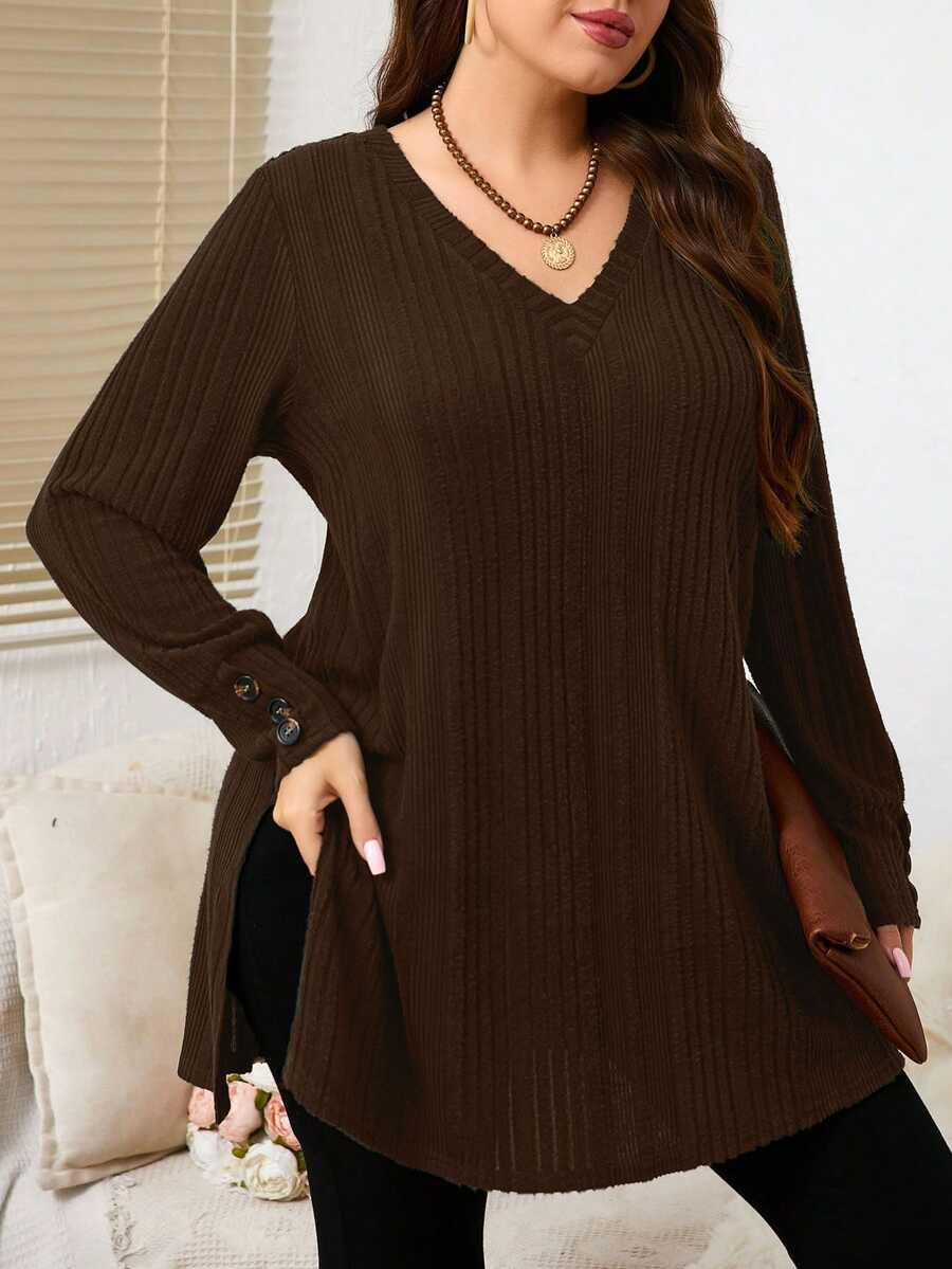 EMERY ROSE Plus Size Solid V-Neck Long Sleeve Button Decor Casual T-Shirt Fall Cloth For Women - Brown - View 1