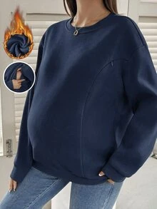 SHEIN 孕婦休閒純色哺乳上衣，秋冬抓絨寬鬆孕婦連帽衛衣女款運動衫 - 藏蓝色 - 查看 3