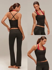 GLOWMODE FeatherFit™ Front And Center 2-In-1 Waist Length Tank Top With Crossover Back & Integrated Cup Design Low Impact Yoga Pilates Studio Daily Casual - Chocolate Brown - View 8
