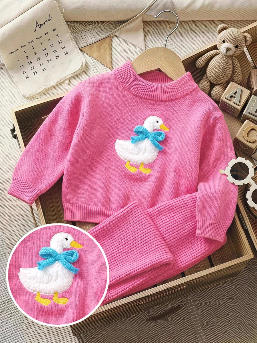 SHEIN Baby Girl Casual Comfortable Daily Versatile Pink Cartoon Pattern Long Sleeve Knit 2-Piece Set - Pink - View 1