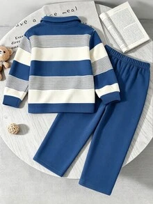 SHEIN 男童春夏純色條紋簡約休閒風無圖案修身 Polo 領半拉鍊長袖套頭上衣搭配長褲套裝 S - 寶藍色 - 查看 2