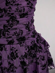 SHEIN ICON 女款大尺碼復古性感休閒千禧風Y2K優雅哥德約會深V領掛脖黑色網紗植絨蛋糕裙冬季 - 紫色 - 查看 8