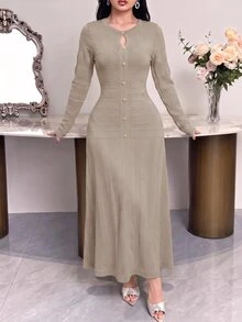 Feyla 女款純色長袖鈕扣設計優雅針織洋裝 - 卡其色 - 查看 5