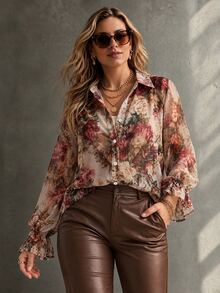 Ceyna Plus Size Autumn/Winter New Rose Peony Floral Pattern Chiffon Fabric Long Sleeve Valentine's Day Party Blouse - Multicolor - View 7
