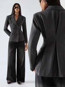LYSMO Women's Commuter Business Cinched Waist Striped Blazer - Grey - View 3