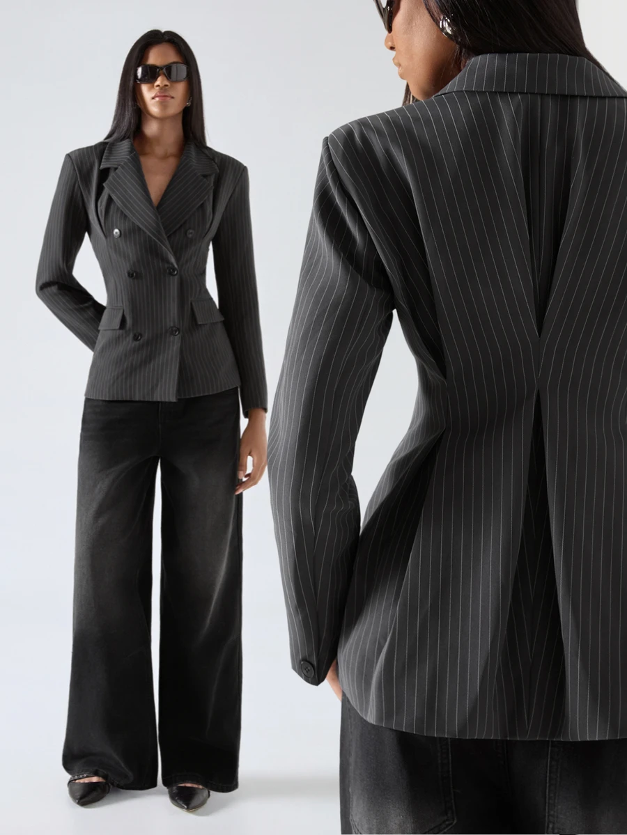 LYSMO Women's Commuter Business Cinched Waist Striped Blazer - Grey - View 1