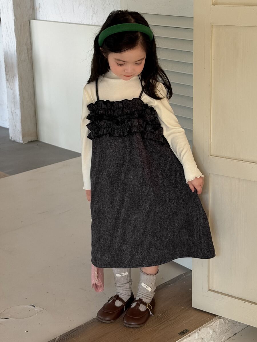 DAZY Young Girl Solid Color Frill Trim Casual Daily Summer Spaghetti Strap Dress - Dark Grey - View 1