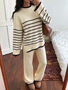 Autumina Women's Striped Long Sleeve Top And Pants Casual Daily Knit 2 Pieces Set - Multicolor - View 3