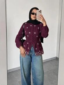Feyla Women's Floral Embroidered Pattern Casual Daily Wear Shirt - Burgundy - View 1