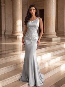 Coutiva Women's Asymmetrical Shoulder Cinched Waist Solid Color Evening Gown - Light Grey - View 5