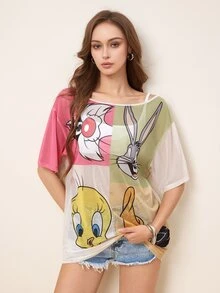 LOONEY TUNES X SHEIN Women's Cartoon Print Casual Daily Wear Top - Multicolor - View 6