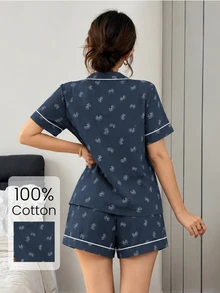 Napfluff 100%純棉女款睡衣套裝，短袖短褲，雙層克雷普布料，寬鬆居家服2件套 - 藏蓝色 - 查看 2