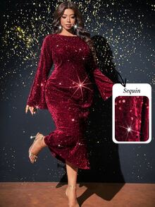 Viva Relle Plus Size Women's Burgundy Sequin Long Sleeve Round Neck Fitted Bodycon Mini Dress For Party And Banquet - Burgundy - View 8