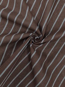Ceyna Plus Size Brown Striped Cotton Blend Vintage Single-Breasted Button-Down Long Sleeve Shirt, Versatile Outerwear And Inner Layer For Women, Autumn/Winter - Coffee Brown - View 8