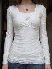 SHEIN EZwear 33%棉女款深V領修身長袖T恤，女款秋冬服飾 - 白色 - 查看 3