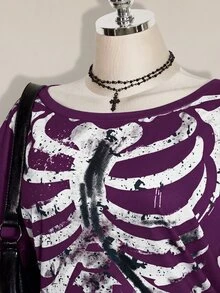 SHEIN ICON 大尺碼萬聖節骷髏印花休閒鄉村搖滾風上衣，哥德風夏季日常演唱會穿搭，黑白針織挖領女款襯衫 - 紫色 - 查看 5