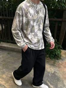 Manfinity Dauomo 男士葉片印花圓領長袖休閒街頭風T恤 生日海灘灰色迷彩款 秋季 - 黑色 - 查看 3