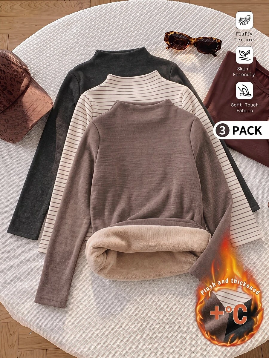 SHEIN EZwear 3-Piece Women's Autumn/Winter Casual Everyday Commuting Simple Versatile Solid Color And Striped Print Funnel Neck Thermal Lined Warm T-Shirts - Multicolor - View 1