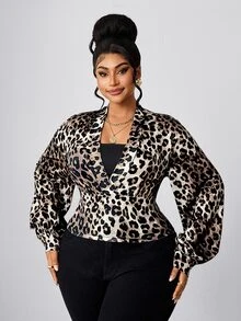 Maweii Plus Size Women's Deep V-Neck Vintage Leopard Print Long Sleeve Top, Street Style Commuter Outfit - Multicolor - View 2