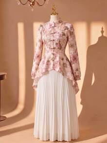 Rometta Plus Size Multi-Color Floral All-Over Print Stand Collar Frog Button Long Sleeve Cinched Waist A-Line Front Short Back Long Hem Blouse + Elastic Waist Full Skirt 2 Pieces Set Elegant Chinese Style For Outing, Date, Gathering, Party - Multicolor - View 5