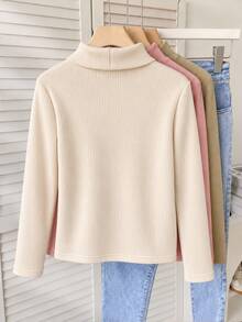 SHEIN Tween Girls Fall Tops Autumn/Winter Thick Warm Casual All-Match Versatile Daily Wear Layering High Neck Ribbed Fleece Fabric Solid C... - Apricot - View 2