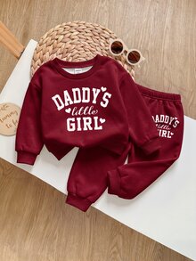 酒紅色可愛字母 Daddy's Little Girl❤ 女童休閒加厚柔軟長袖圓領運動衫與運動長褲套裝，適合秋冬日常穿著與外出 - 彩色 - 查看 2