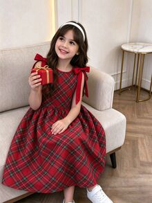 Tween Girl Round Neck Sleeveless Bow Plaid Pleated Dress - Red - View 1