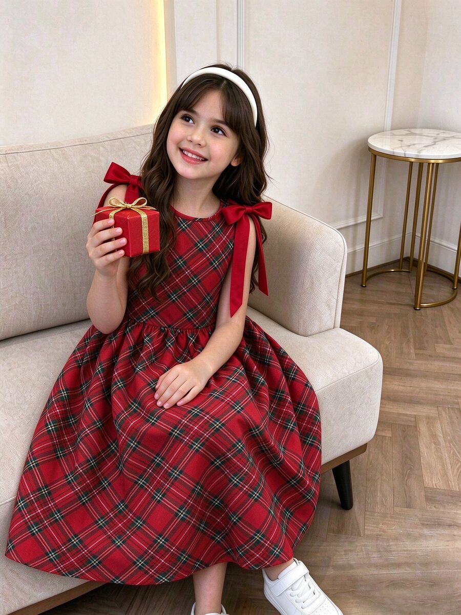 Tween Girl Round Neck Sleeveless Bow Plaid Pleated Dress - Red - View 1