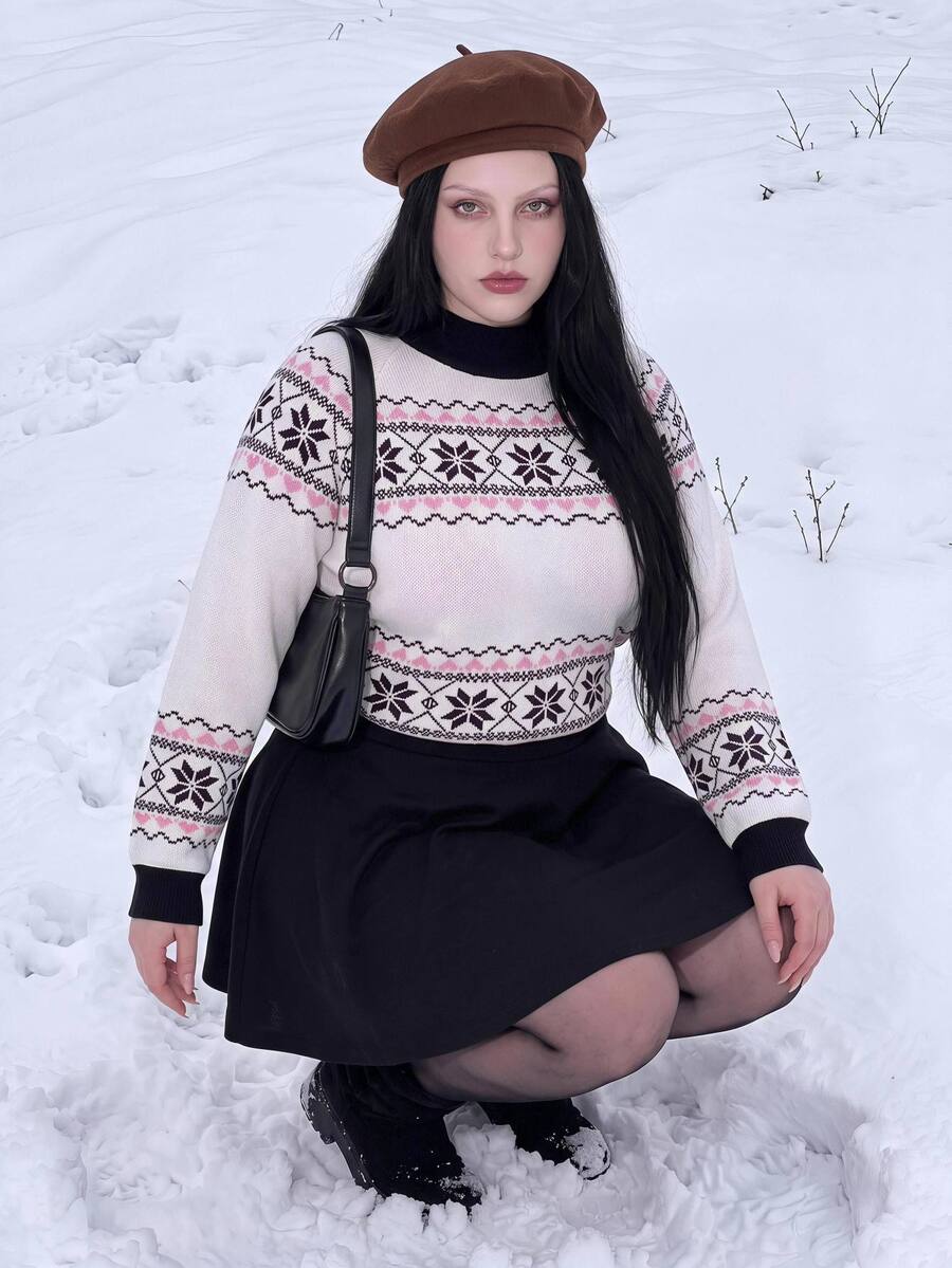 SHEIN ICON Sweatshirt Fair Isle Colorblock Vintage Y2K Ukuran Besar, Sweatshirt Retro Kasual Natal - Hitam dan Putih - View 1