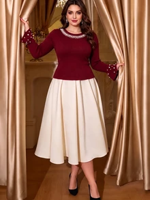 Auvina Plus Size Women's Faux Pearl Decor Casual Daily Sweater - Red - View 1