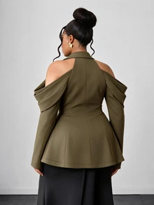 Maweii Áo blazer công sở size lớn hở vai, eo chiết, tay dài - xanh quân đội - Xem 6