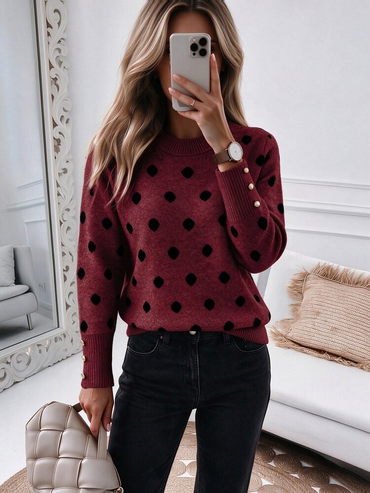 SHEIN LUNE Áo len chui đầu dệt kim nữ màu be cho mùa thu, cổ tròn nhỏ, tay dài, nút kim loại, phong cách thường ngày thanh lịch, phù hợp đi làm, văn phòng, tiệc trà và brunch - Màu Đỏ Sâu - Xem 7