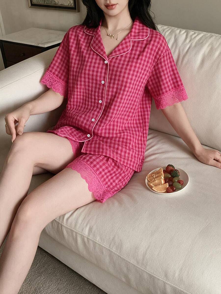 DAZY 2pcs/Set Women's Lace Patchwork Plaid Cardigan Short Sleeve Top & Short Pajama Pants Sleepwear Set - Pink - View 1