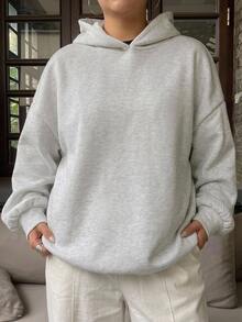 Dazy Plus Hooded Casual Fleece Solid Color Unisex Loose Streetwear Blogger Style Sweatshirt - Grey - View 5