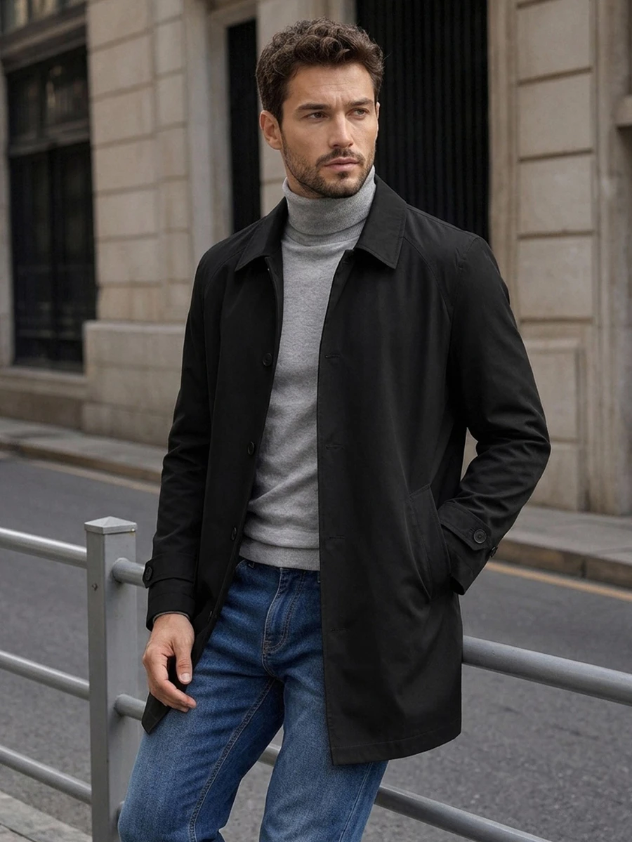DAZY Spring/Autumn Mid-Length Black Loose Fit Solid Color Men's Commuter Trench Coat - Black - View 1