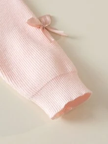 SHEIN 6個月至3歲女嬰圓領蝴蝶結裝飾針織毛衣＋寬腿褲2件套，柔軟針織春/秋季幼兒套裝 - 粉色 - 查看 6