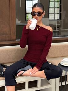 Muchica Fashion Basic Sage Green Boat Neck Knit Long Sleeve T-Shirt For Women, Suitable For Daily Commute, Streetwear, Party, Autumn/Winter/Spring/Summer, - Burgundy - View 5