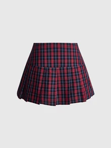 ROMWE Grunge Punk Punk School Style Red Plaid Low Waist Pleated Skirt With Skull Print Women's Skirt - Red - View 2