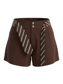 Sweetra CURVE Women's Plus Size Fashion Solid Color Shorts With Striped Belt - Brown - View 6