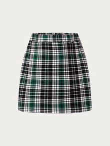 SHEIN 少女美式學院風服飾套裝，紋理長袖T恤上衣搭配同色系鈕扣裙 2件套套裝 - 墨綠色 - 查看 6