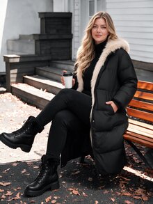 Easura Plus Size Winter Faux Fur Patchwork Hooded Padded Coat With Pockets - Black - View 3